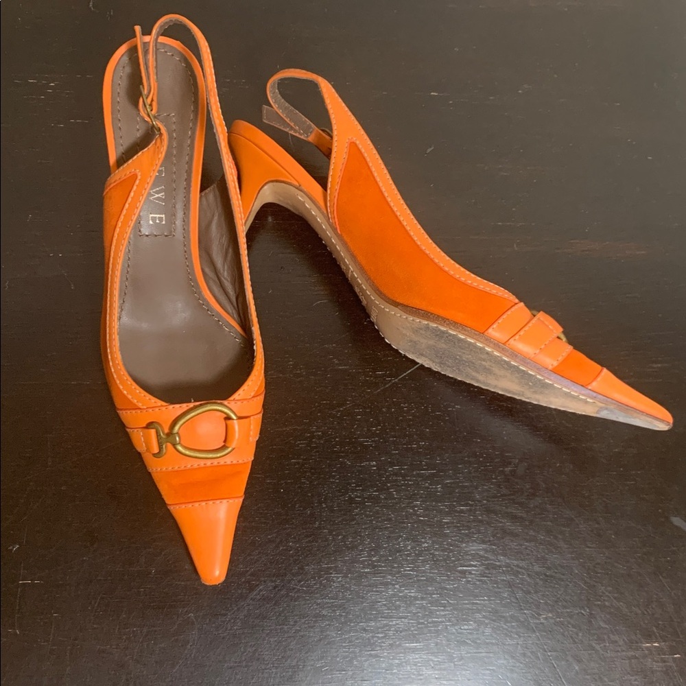 Loewe Orange Suede Leather Slingback Kitten Pointy Toe Buckle Heel Shoes Sz 36.5